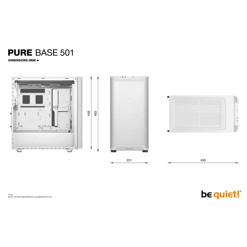 be quiet! PURE BASE 501 Airflow Midi Tower Biała — ATX, 3×140 mm przód, 1×140 mm tył, 5×2,5 cala, 2×3,5 cala, USB‑C, wsparcie PWM