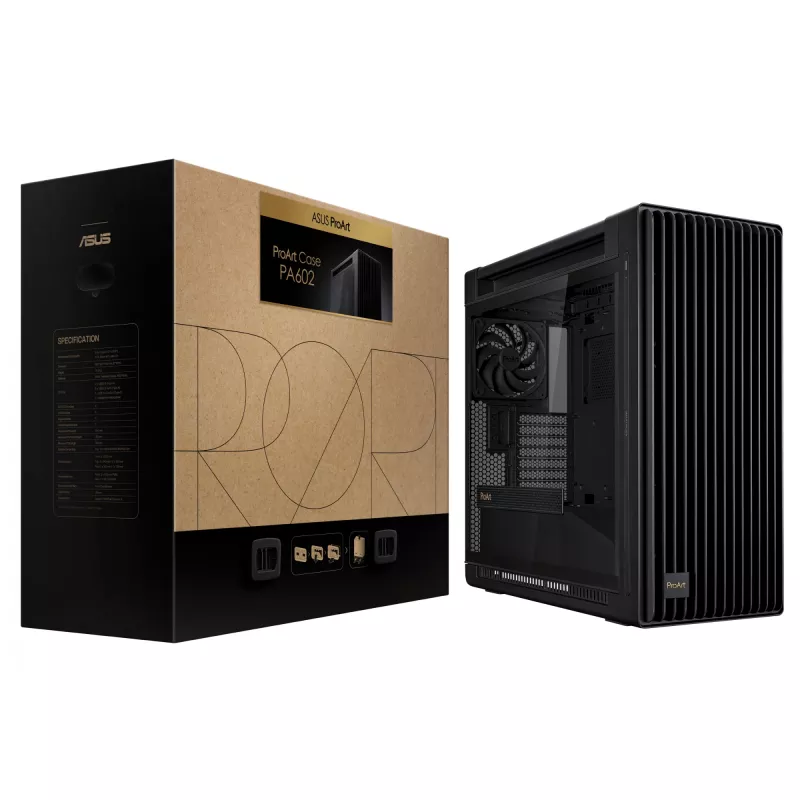 Obudowa PC ASUS ProArt PA602 Midi Tower Czarna — obsługa ATX/EATX, szkło hartowane, 2x wentylatory 200 mm z przodu, chłodnica 360 mm na górze, GPU do 450 mm