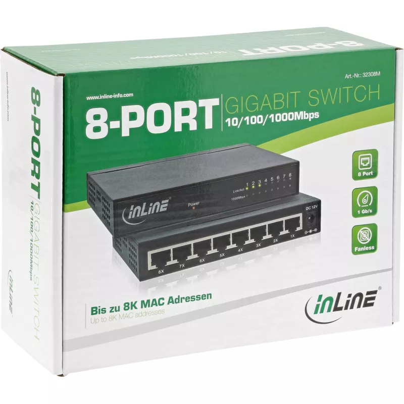 InLine Przełącznik sieciowy 8-portowy, 1 Gb/s, desktop, metalowy, bez wentylatora, porty ekranowane