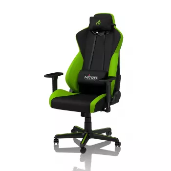 Fotel gamingowy Nitro Concepts S300 — siedzisko z tkaniny, regulowana wysokość 128–140 cm, szerokość oparcia 56 cm, czarny/zielony