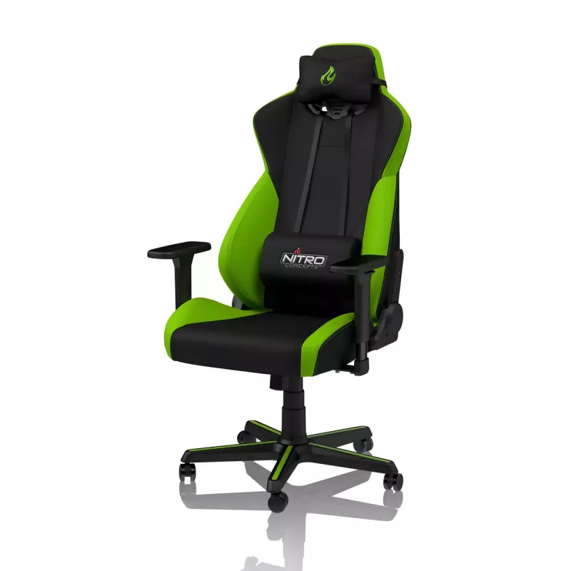 Fotel gamingowy Nitro Concepts S300 — siedzisko z tkaniny, regulowana wysokość 128–140 cm, szerokość oparcia 56 cm, czarny/zielony