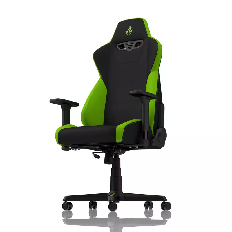 Fotel gamingowy Nitro Concepts S300 — siedzisko z tkaniny, regulowana wysokość 128–140 cm, szerokość oparcia 56 cm, czarny/zielony