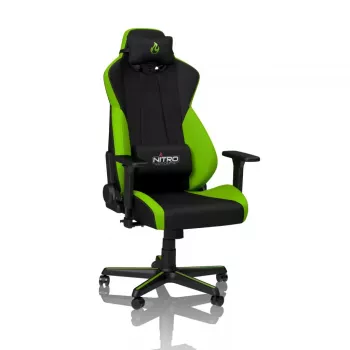 Fotel gamingowy Nitro Concepts S300 — siedzisko z tkaniny, regulowana wysokość 128–140 cm, szerokość oparcia 56 cm, czarny/zielony