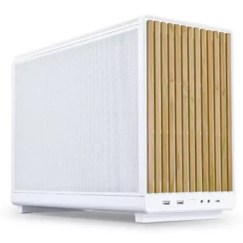 Obudowa komputerowa Lian Li A3-mATX Micro Tower biała z akcentami w kolorze drewna — obsługa Micro-ATX/Mini-ITX, ATX/SFX/SFX‑L