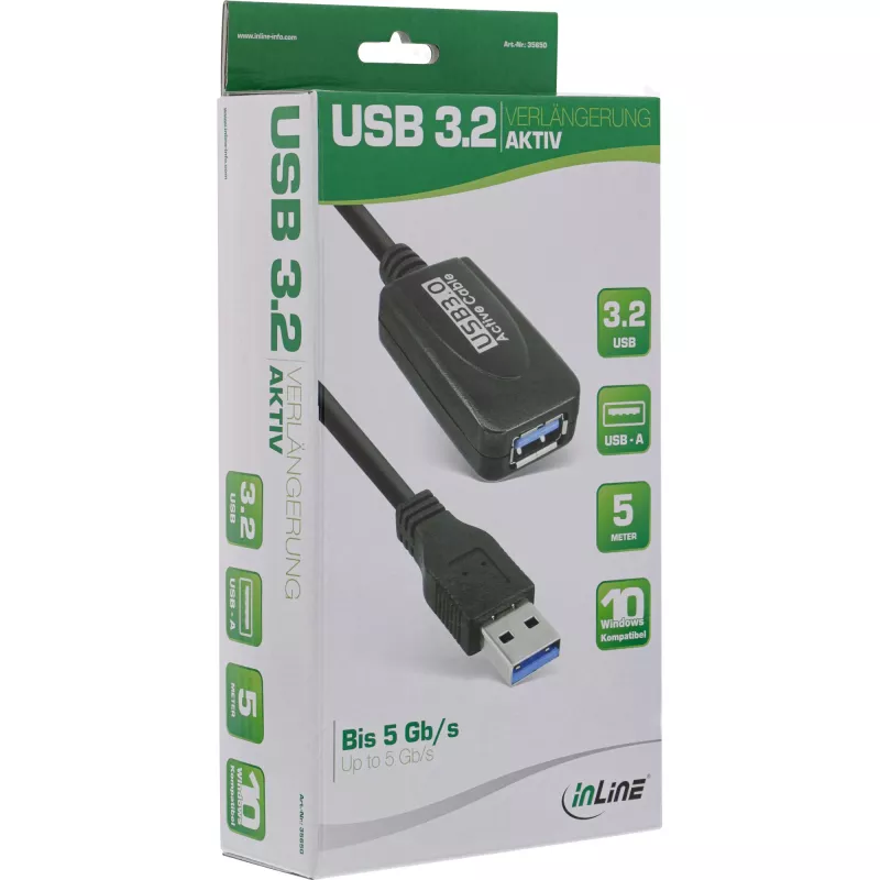 InLine USB3.2 Gen.1 Aktywny kabel repeater Typ A męski / żeński, czarny, 5m