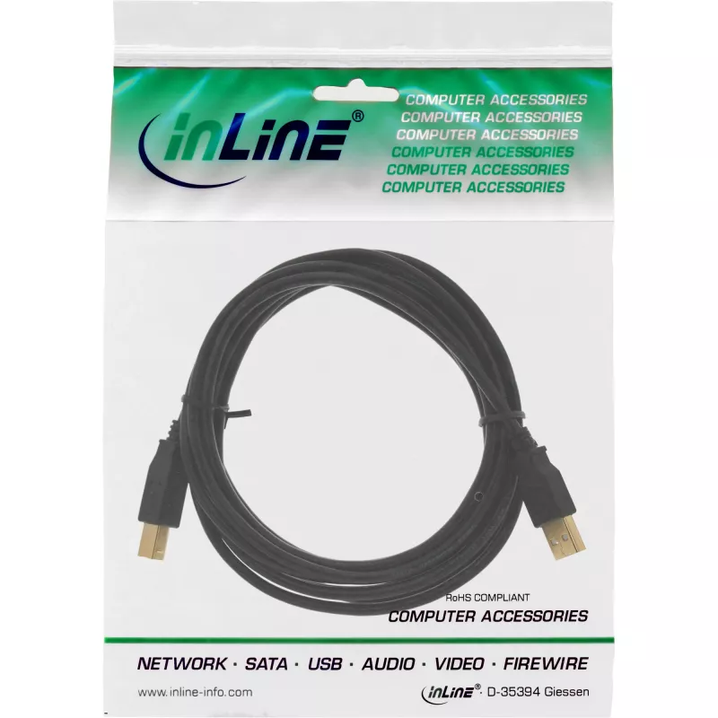 InLine kabel USB 2.0 Typ A męski / Typ B żeński czarny, pozłacane styki, 10 m