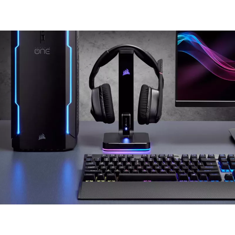 CORSAIR Zestaw słuchawkowy - St100 RGB Premium - Ze stojakiem 7.1 Surround - Konfigurowalne podświetlenie RGB