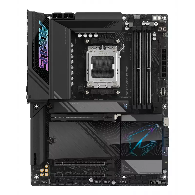 Płyta główna GIGABYTE X870E AORUS PRO - obsługuje procesory AMD Ryzen 9000, 16+2+2 faz cyfrowego VRM, do 8000 MHz DDR5 (OC), 3xPCIe 5.0 + 1xPCIe 4.0, Wi-Fi 7, 2,5GbE LAN, USB 4
