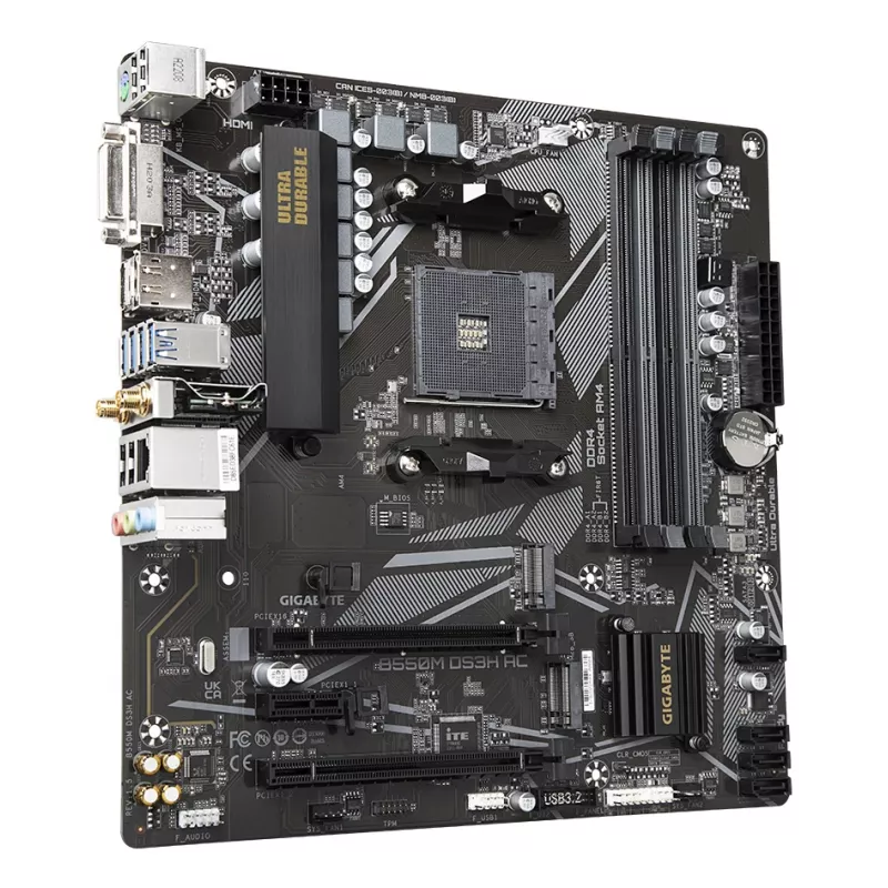Płyta główna GIGABYTE B550M DS3H AC - procesory AMD Ryzen 5000, 5+3 fazy VRM, do 4733MHz DDR4, 1xPCIe 4.0 + 1xPCIe 3.0 M.2, Wi-Fi 5, 1GbE LAN, USB 3.2 Gen 1