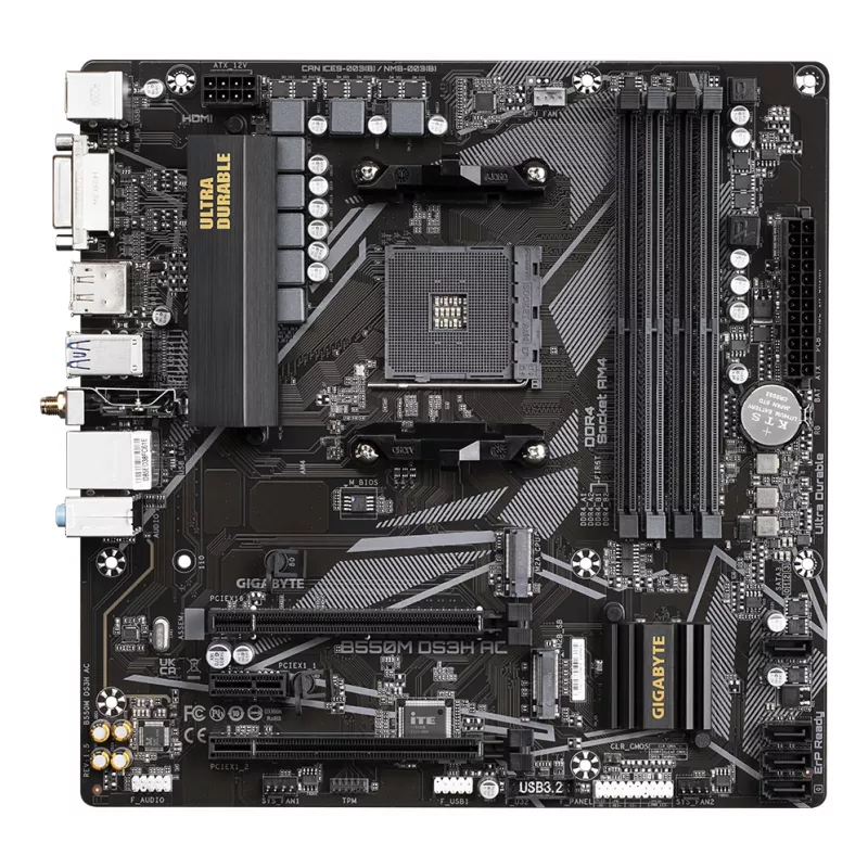Płyta główna GIGABYTE B550M DS3H AC - procesory AMD Ryzen 5000, 5+3 fazy VRM, do 4733MHz DDR4, 1xPCIe 4.0 + 1xPCIe 3.0 M.2, Wi-Fi 5, 1GbE LAN, USB 3.2 Gen 1