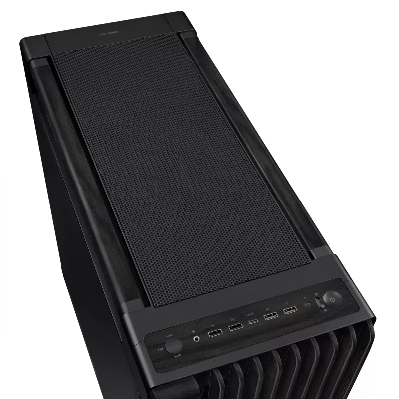 Obudowa PC ASUS ProArt PA602 Wood Edition Midi Tower Czarna — obsługa EATX, GPU 45 cm, zasilacz/chłodzenie 19 cm, 8 zatok HDD, USB-C