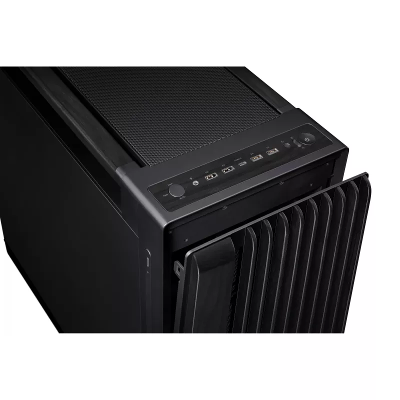 Obudowa PC ASUS ProArt PA602 Wood Edition Midi Tower Czarna — obsługa EATX, GPU 45 cm, zasilacz/chłodzenie 19 cm, 8 zatok HDD, USB-C