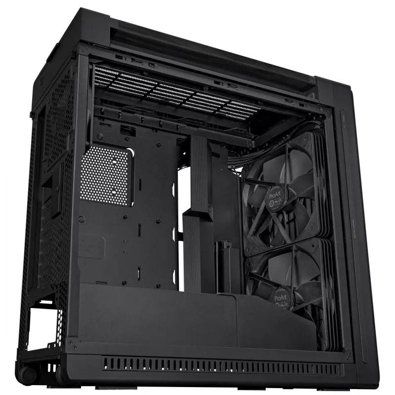 Obudowa PC ASUS ProArt PA602 Wood Edition Midi Tower Czarna — obsługa EATX, GPU 45 cm, zasilacz/chłodzenie 19 cm, 8 zatok HDD, USB-C