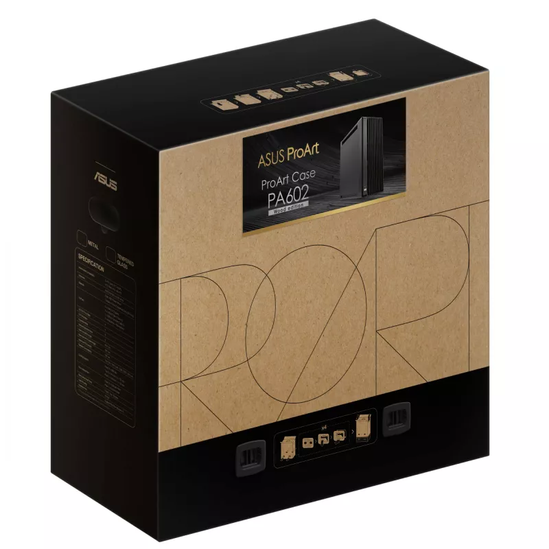 Obudowa PC ASUS ProArt PA602 Wood Edition Midi Tower Czarna — obsługa EATX, GPU 45 cm, zasilacz/chłodzenie 19 cm, 8 zatok HDD, USB-C