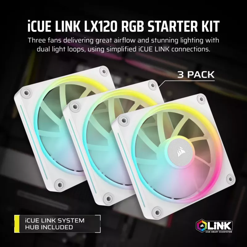 CORSAIR Icue Link Lx120 RGB 120mm Wentylatory PWM Zestaw startowy - Biały