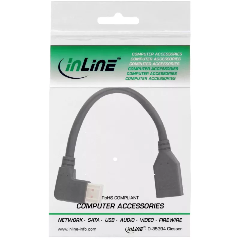adapter kablowya InLine DisplayPort 1.4 M/F, 8K4K, kątowy w lewo, czarny/złoty, 0.15m