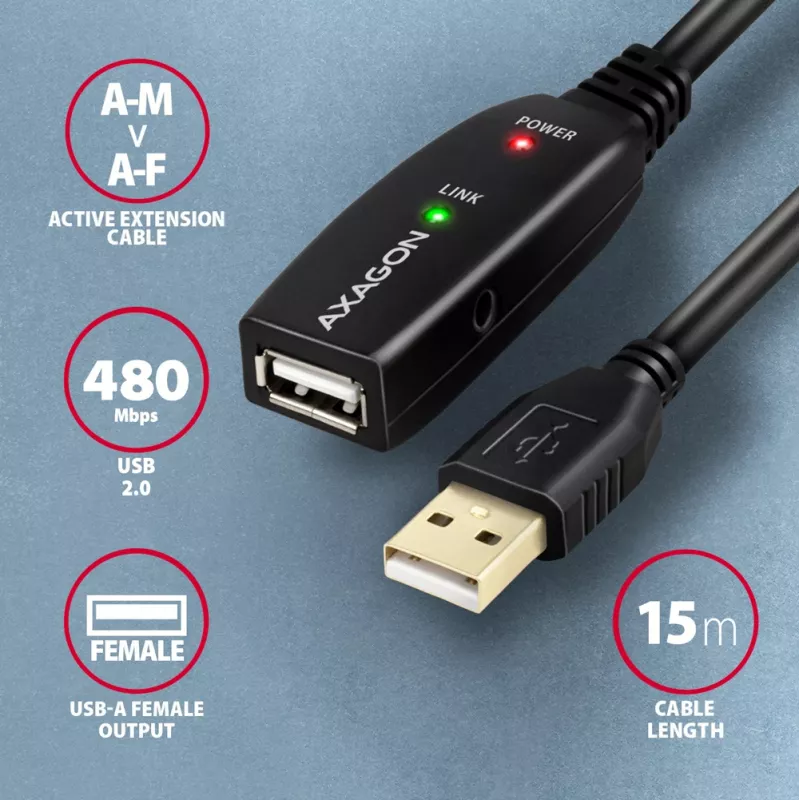 Axagon ADR-215 USB 2.0 A-M -> A-F aktywny przedłużacz/repeater 15 m
