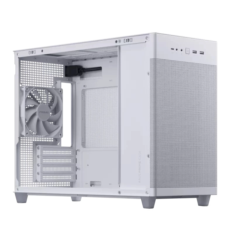 Obudowa PC ASUS AP201 PRIME CASE TG biały Mini Tower — micro ATX, szkło hartowane, 3× kieszenie 3,5 cala, 1× 2,5 cala, USB-A×2, USB-C×1