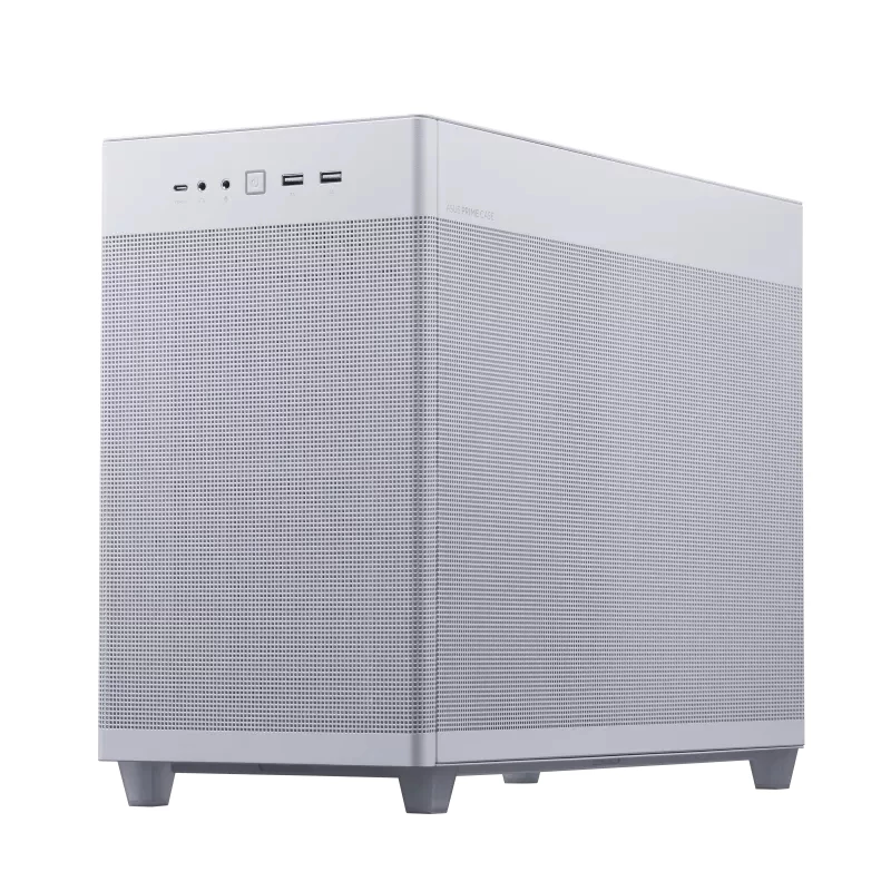 Obudowa PC ASUS AP201 PRIME CASE TG biały Mini Tower — micro ATX, szkło hartowane, 3× kieszenie 3,5 cala, 1× 2,5 cala, USB-A×2, USB-C×1