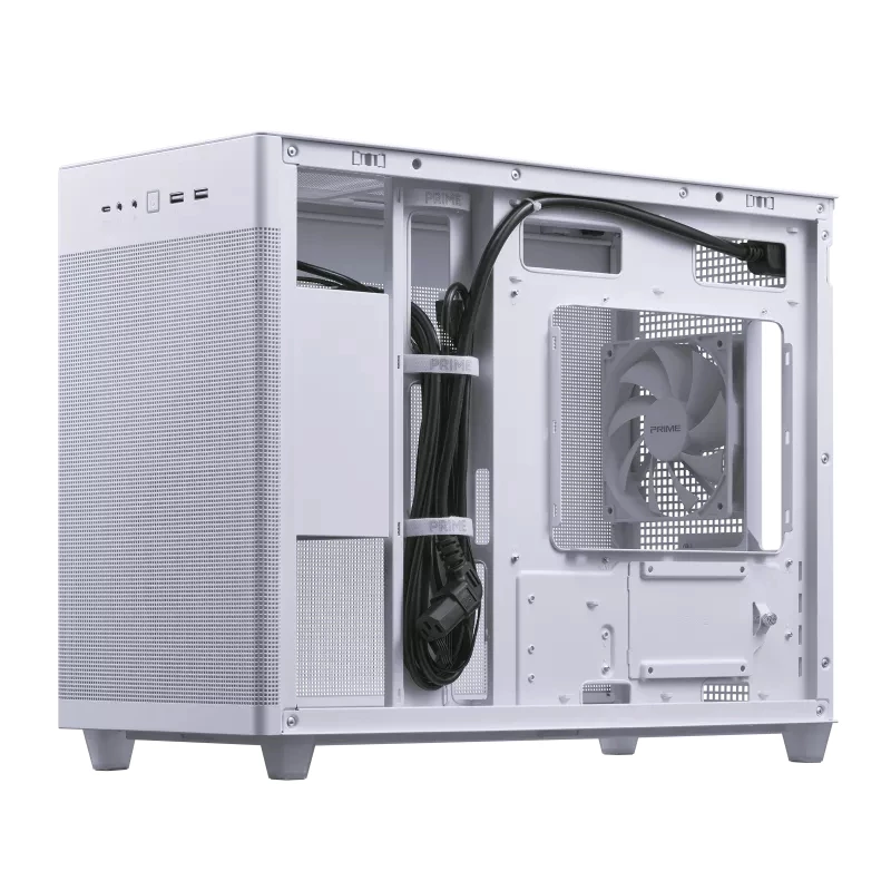 Obudowa PC ASUS AP201 PRIME CASE TG biały Mini Tower — micro ATX, szkło hartowane, 3× kieszenie 3,5 cala, 1× 2,5 cala, USB-A×2, USB-C×1