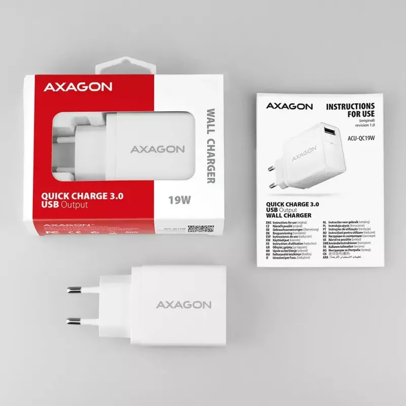 Axagon ACU-QC19W ładowarka sieciowa 1x QC3.0/AFC/FCP/SMART 19W biała