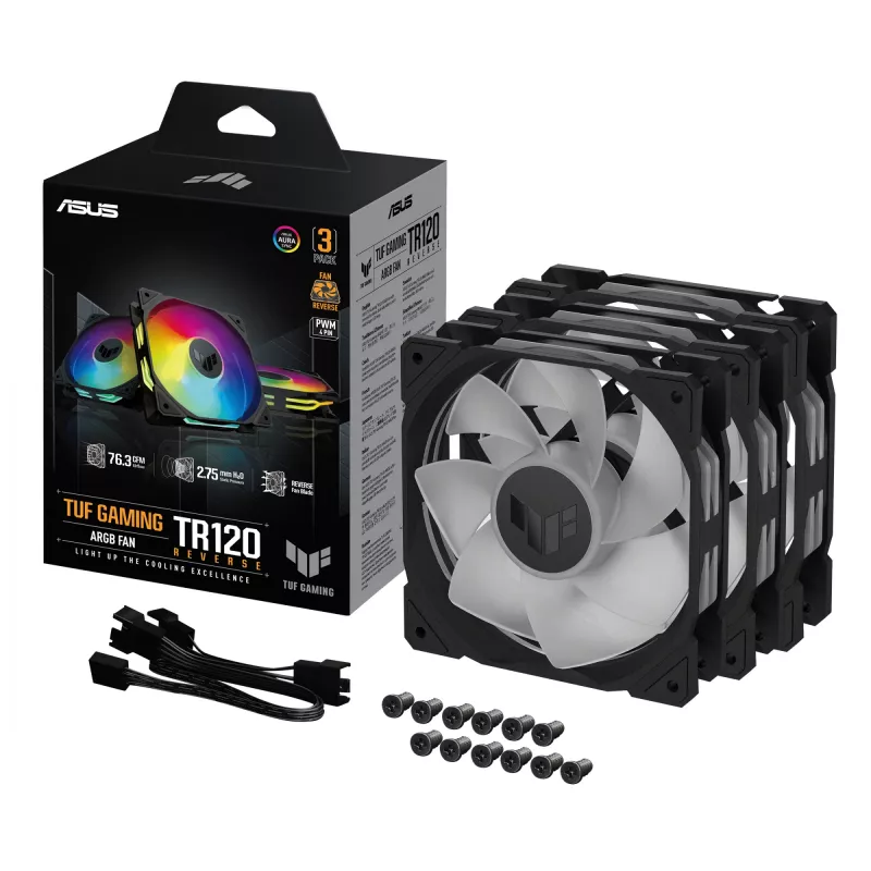 Wentylator ASUS TUF Gaming TR120 ARGB Reverse Triple Pack — 3×120 mm, 2200 obr./min, PWM, 2,75 mmH2O, 16 diod LED, czarny