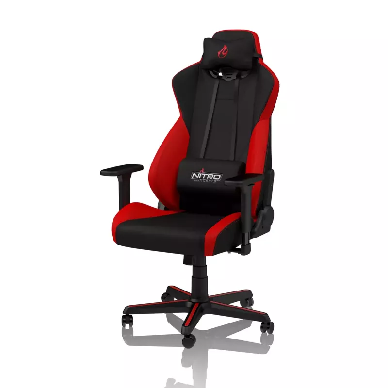 Fotel gamingowy Nitro Concepts S300 z obiciem materiałowym, regulowana wysokość 128–140 cm, szerokość oparcia 56 cm, siedzisko materiałowe (Czarny/Czerwony)