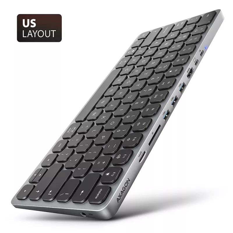 Axagon HMC-KB-US, Hub USB 5 Gb/s z klawiaturą, HDMI 4K/60Hz, 3x USB-A, SD/mSD, audio, PD 100, układ US