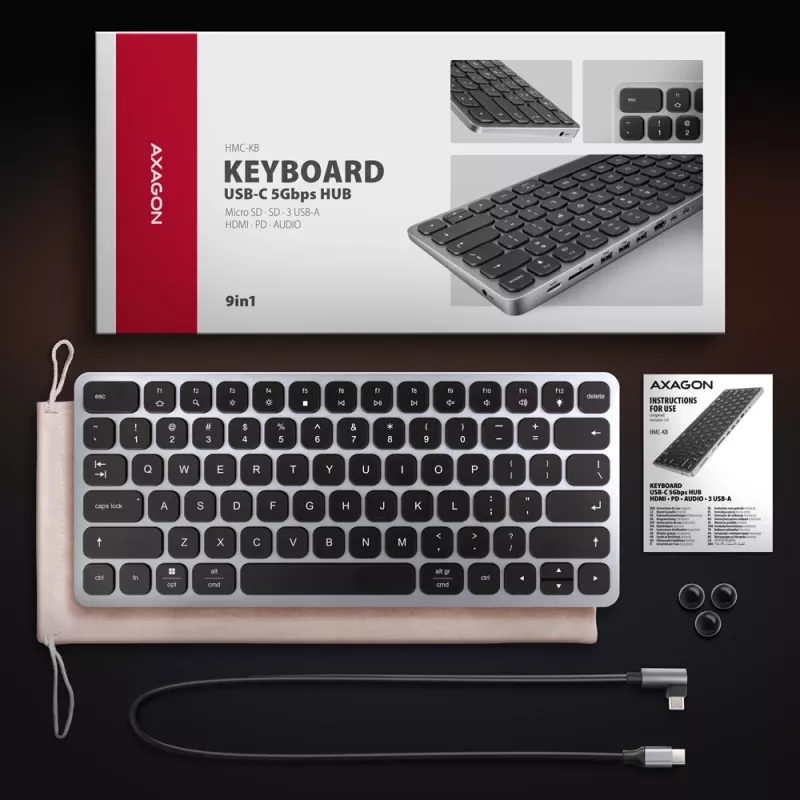 Axagon HMC-KB-US, Hub USB 5 Gb/s z klawiaturą, HDMI 4K/60Hz, 3x USB-A, SD/mSD, audio, PD 100, układ US