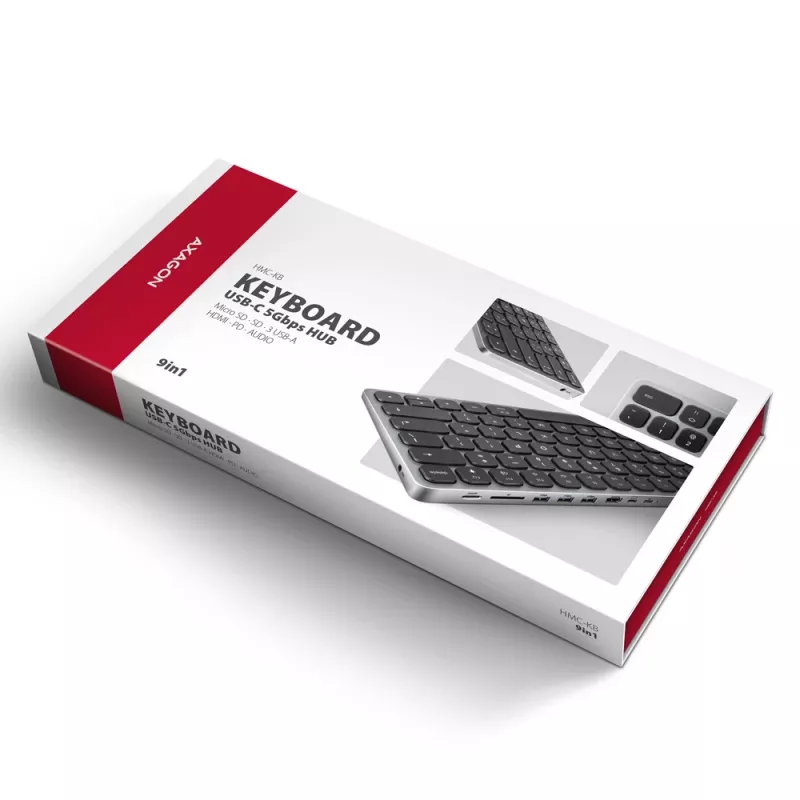 Axagon HMC-KB-US, Hub USB 5 Gb/s z klawiaturą, HDMI 4K/60Hz, 3x USB-A, SD/mSD, audio, PD 100, układ US