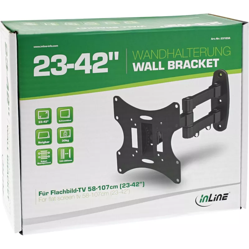 Uchwyt ścienny InLine do TFT/LED/Plazma 58–107 cm (23–42 cale) z regulacją kąta nachylenia/obrotu, VESA 100x100–200x200, maks. 30 kg, czarny