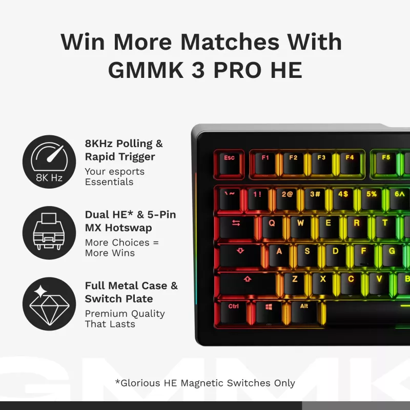 Klawiatura mechaniczna do gier GLORIOUS GMMK 3 PRO HE 75% przewodowa USB, QWERTY, RGB, czarna