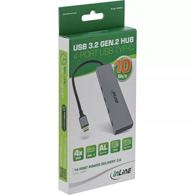 InLine USB 3.2 Gen.2 Hub (10 Gb/s), 4 porty USB-C, OTG, aluminiowa obudowa