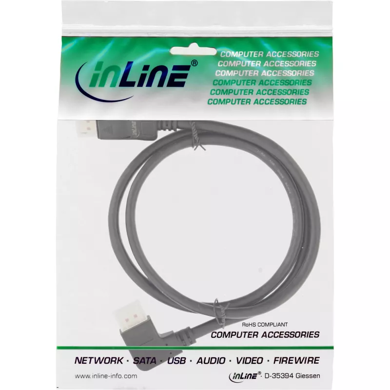 Kabel InLine DisplayPort 1.4, 8K4K, kątowy w lewo, czarno-złoty, 2m