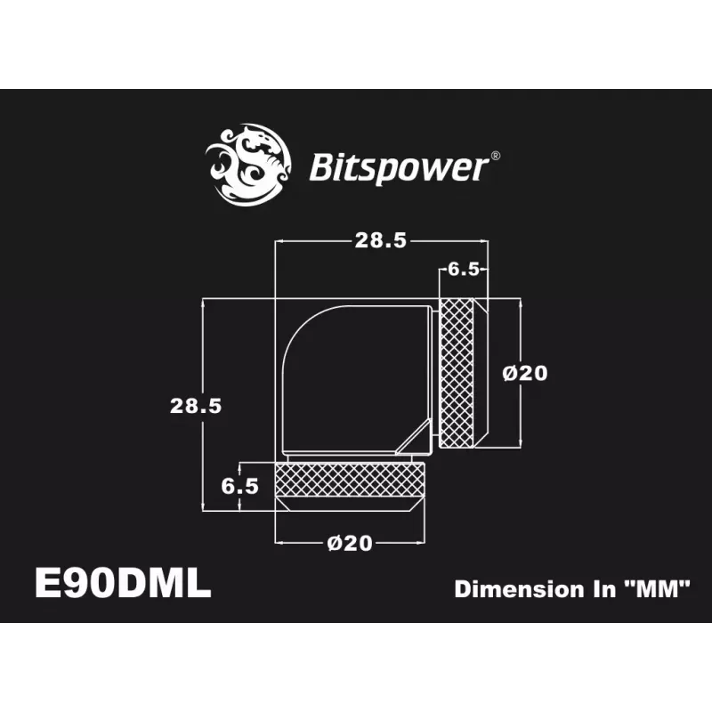 Kolanko kompresyjne BitsPower Carbon Czarny BP-CBE90DML — złączka mosiężna 90°, wykończenie czarne węglowe, 1 szt.