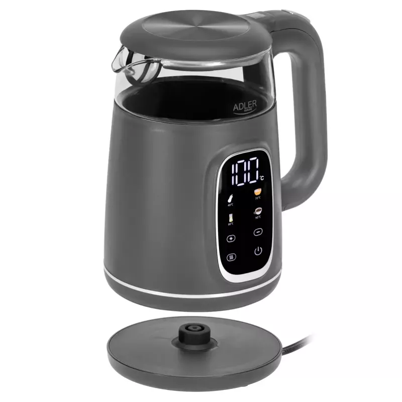 Czajnik elektryczny Adler AD 1305 G — 1,7 l, 2200 W, regulowany termostat, wyświetlacz LED, szary