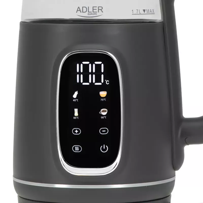 Czajnik elektryczny Adler AD 1305 G — 1,7 l, 2200 W, regulowany termostat, wyświetlacz LED, szary