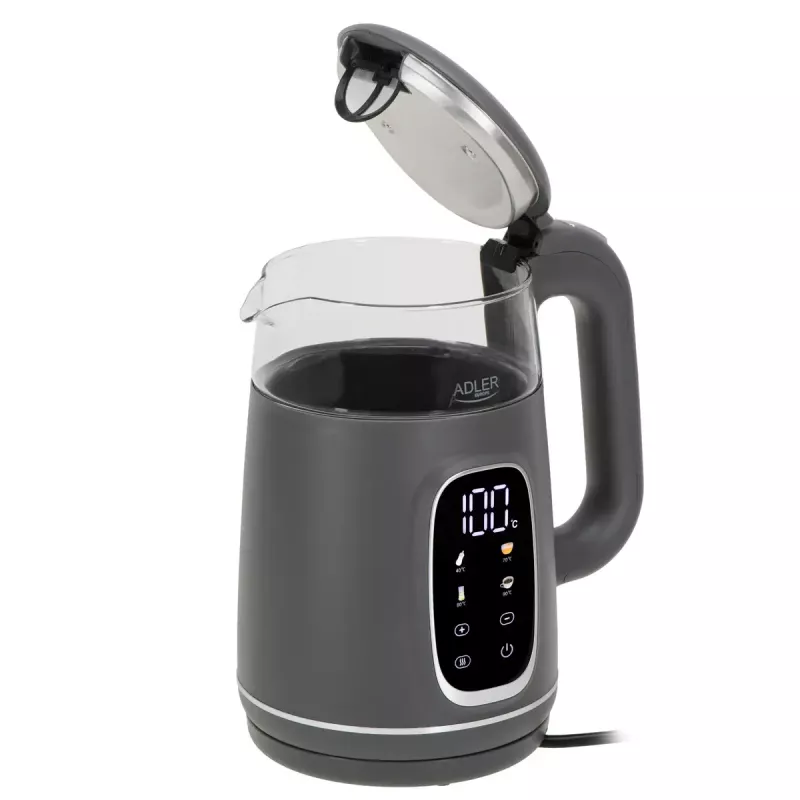Czajnik elektryczny Adler AD 1305 G — 1,7 l, 2200 W, regulowany termostat, wyświetlacz LED, szary