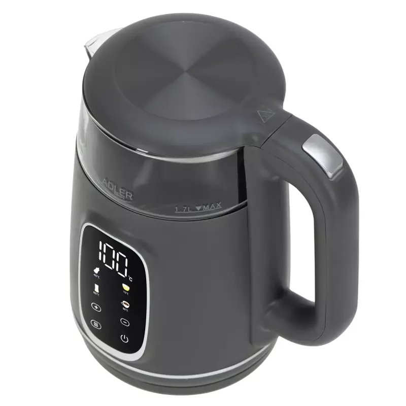 Czajnik elektryczny Adler AD 1305 G — 1,7 l, 2200 W, regulowany termostat, wyświetlacz LED, szary