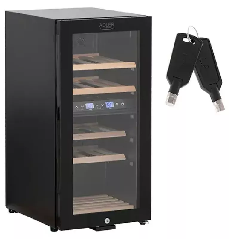 Termoelektryczna chłodziarka do wina Adler AD 8080, wolnostojąca, czarna, 24 butelki, 2 strefy, 60 l, sterowanie dotykowe