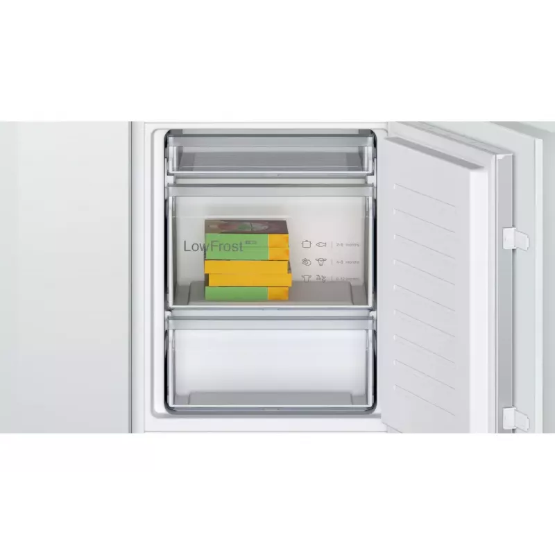 Chłodziarko-zamrażarka do zabudowy Bosch Serie 2 KIV86NSE0 — 267 l, zamrażalnik na dole, biała, 177,2×54,1×54,8 cm, klasa energetyczna E