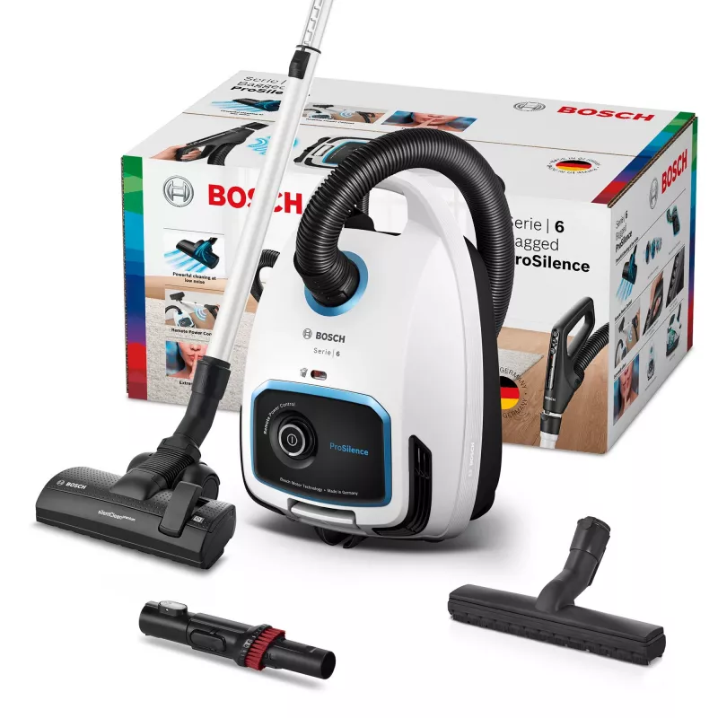 Odkurzacz cylindryczny Bosch Serie 6 BGB6SIL1 — 700 W, worek na kurz 4 L, HEPA 13, promień działania 12 m, biały