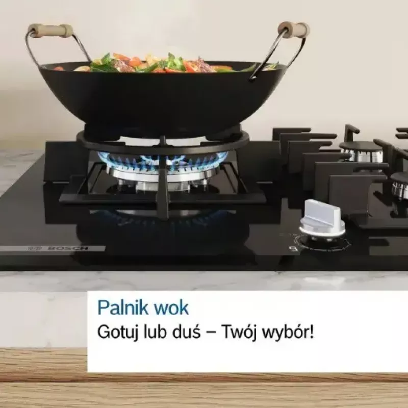 Wbudowana płyta gazowa Bosch PCH6A5I90 — 60 cm, stal nierdzewna, 4 strefy gazowe + 1 wok, Flame Select, żeliwne ruszty