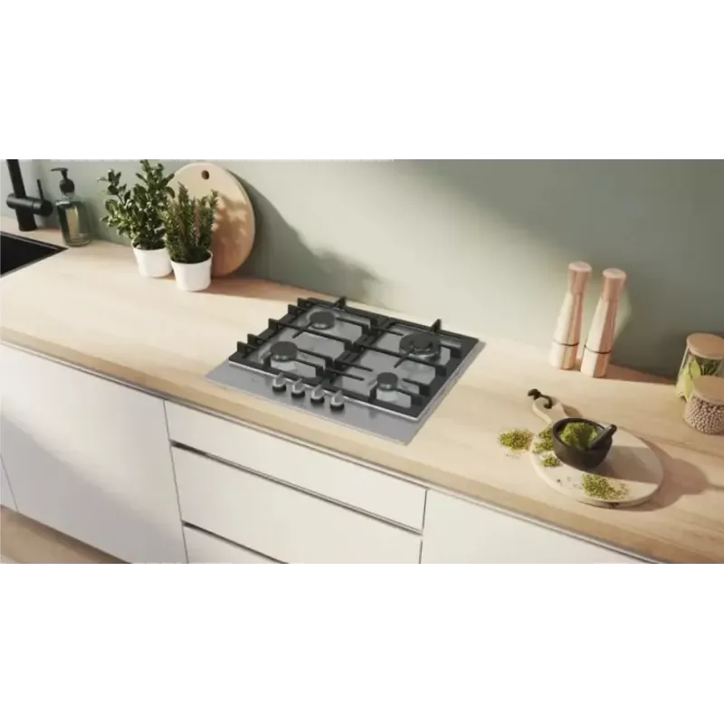 Wbudowana płyta gazowa Bosch PCH6A5I90 — 60 cm, stal nierdzewna, 4 strefy gazowe + 1 wok, Flame Select, żeliwne ruszty