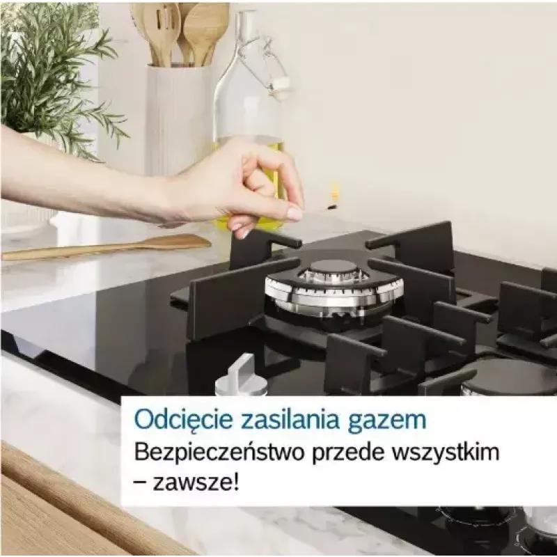 Wbudowana płyta gazowa Bosch PCH6A5I90 — 60 cm, stal nierdzewna, 4 strefy gazowe + 1 wok, Flame Select, żeliwne ruszty