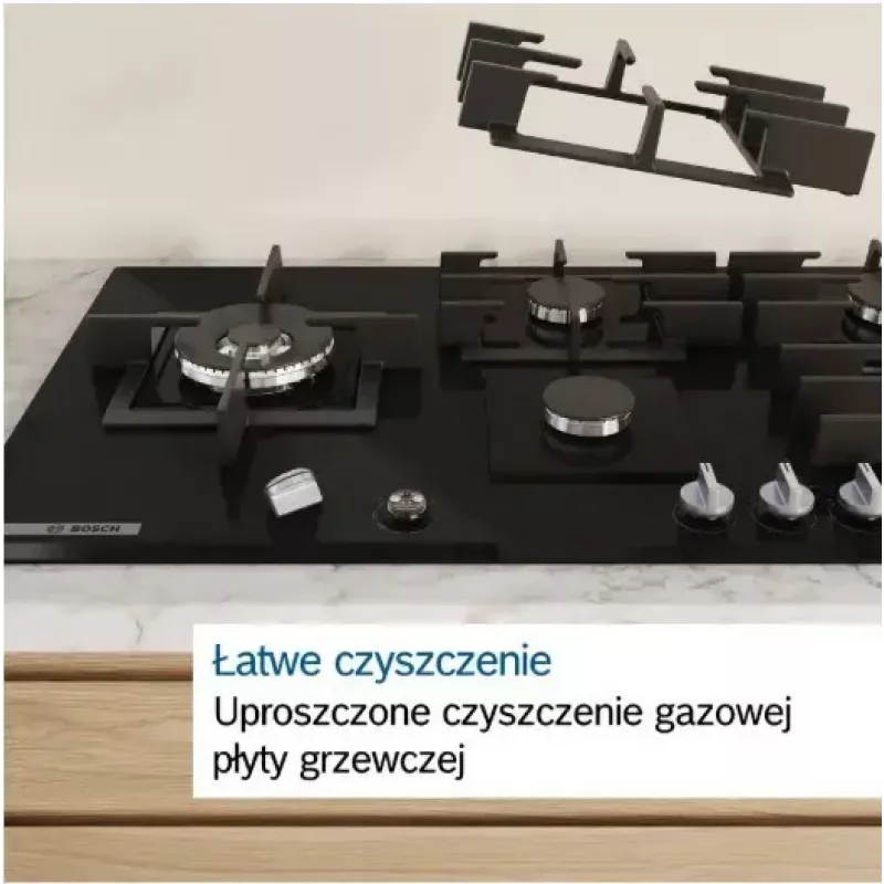 Wbudowana płyta gazowa Bosch PCH6A5I90 — 60 cm, stal nierdzewna, 4 strefy gazowe + 1 wok, Flame Select, żeliwne ruszty