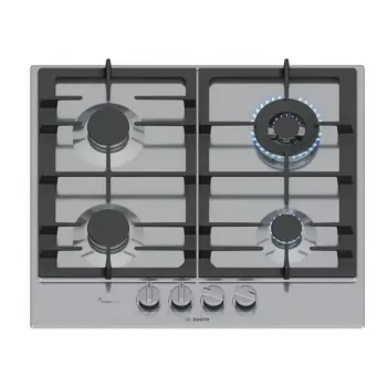 Wbudowana płyta gazowa Bosch PCH6A5I90 — 60 cm, stal nierdzewna, 4 strefy gazowe + 1 wok, Flame Select, żeliwne ruszty