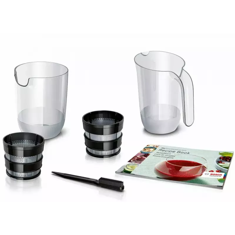 Wolnoobrotowa wyciskarka Bosch MESM500W — silnik 150 W, pojemnik na sok 1 l, kompaktowe wymiary 152×152×427 mm, biało-czarna