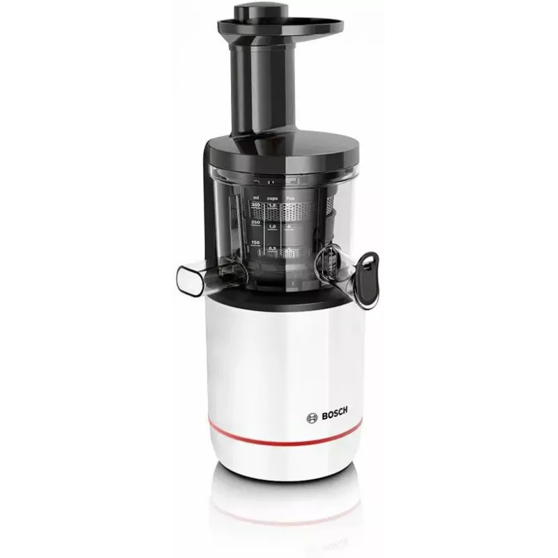 Wolnoobrotowa wyciskarka Bosch MESM500W — silnik 150 W, pojemnik na sok 1 l, kompaktowe wymiary 152×152×427 mm, biało-czarna
