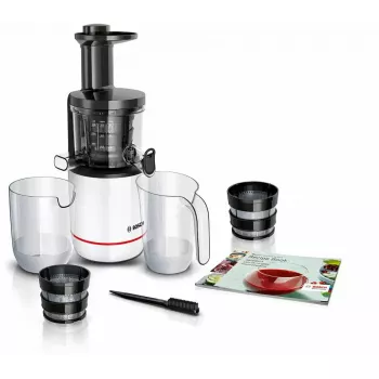 Wolnoobrotowa wyciskarka Bosch MESM500W — silnik 150 W, pojemnik na sok 1 l, kompaktowe wymiary 152×152×427 mm, biało-czarna
